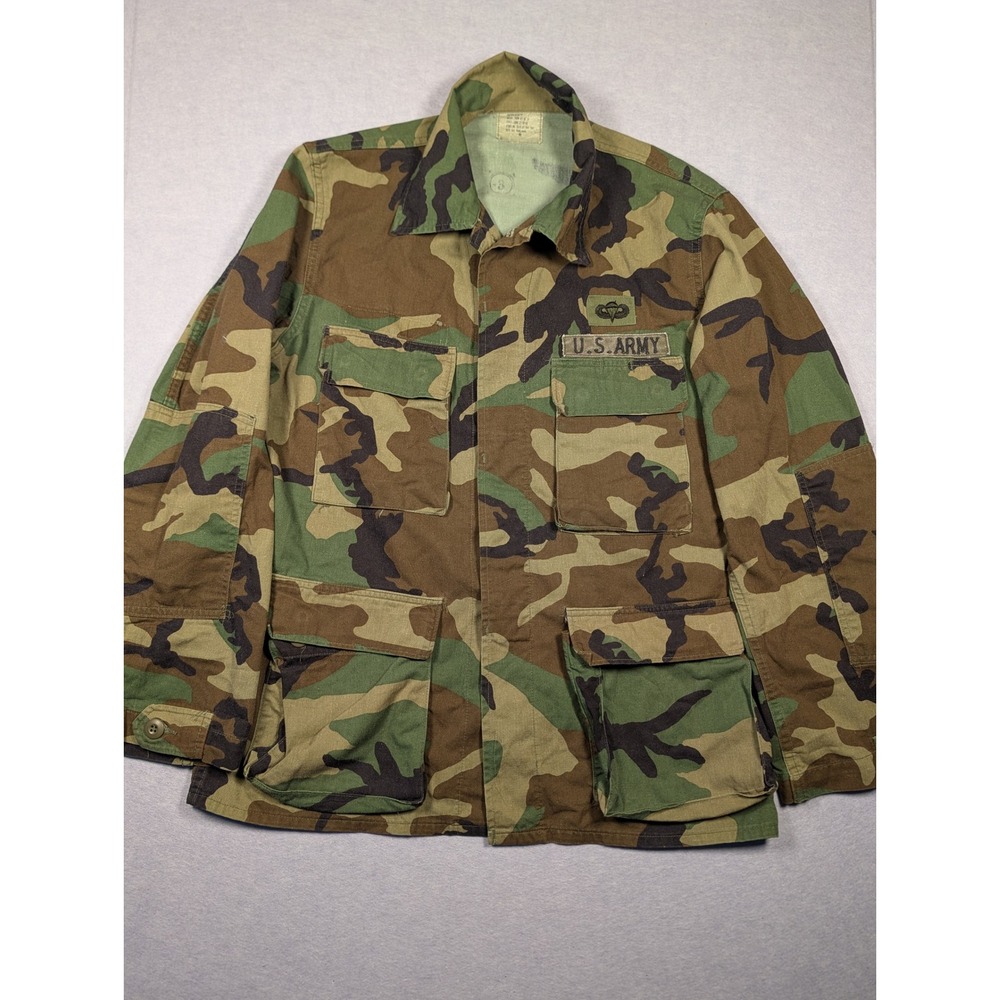 Vintage US Army Combat BDU Coat Mens M Green Woodland Camo 1982 Jump Wings Good